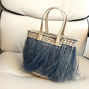 Elegant Blue and Tan Fringe Tote